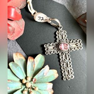 Beautiful Sterling Silver 925 Pink Topaz Embossed Scroll 3” Cross Pendant NEW